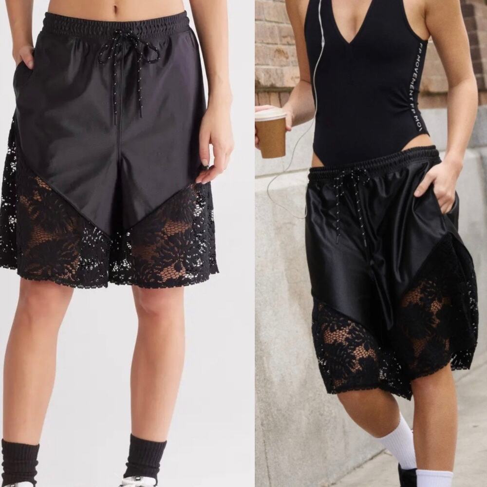 FP Movement by Free People Black Lace-Trim Athletic Shorts